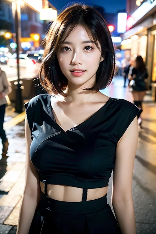 (a gorgeous young korean lady, detailed face with large expressive eyes, long eyelashes, symmetrical face, delicate features, ample bosom, kind smile, short bob hair, wearing black top and short skirt, standing on city street, highly detailed, 8k, masterpiece, masterful lighting, cinematic composition, photorealistic, volumetric lighting, vibrant colors, elegant, graceful, charming, bokeh, the_cowboy_shot, lonely night)