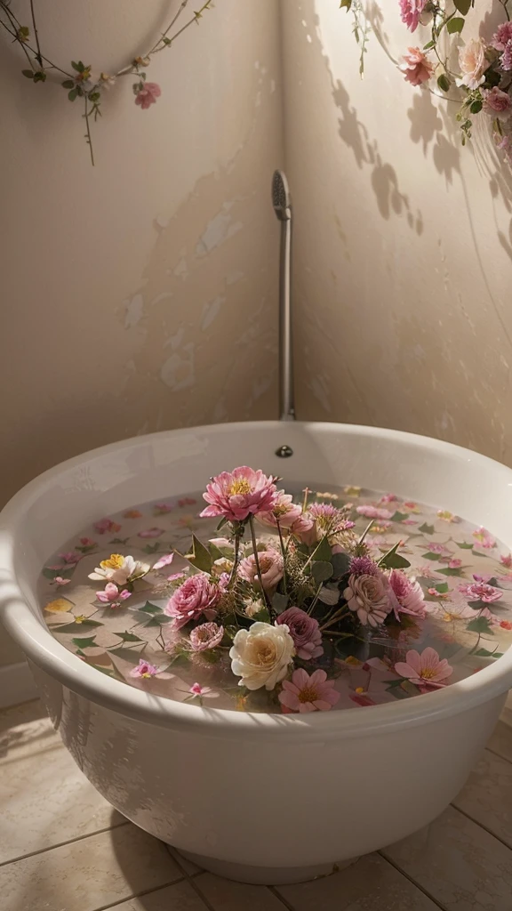 (Flowers grows in the bathtub, abstract, surrealism), (best quality, ultra-detailed), vibrant colors, dreamy lighting, intricate details, artistic rendering, ethereal atmosphere, delicate petals, prickly thorns, juxtaposition, whimsical interpretation