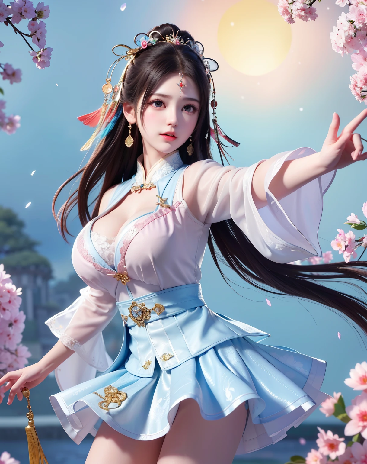 (8k, RAW photo:1.2), best quality, ultra high res,dramatic angle,(fluttered detailed color splashs), (illustration),(((1 girl))),(long hair),(rain:0.9), (Headdress:1.4),There is an ancient palace beside the girl,Hanfu,(Key Points),Color ink painting,(Splash of Color),Splash of Color,(((colorful))),(sketch:0.8) , Masterpiece, best quality, beautiful painted, highly detailed,(denoising:0.6),[splash ink],((ink refraction)), (beautiful detailed sky),moon,highly,detaild,(masterpiece, best quality, extremely detailed） CG Unity 8k Wallpaper，masterpiece，best quality，Ultra Detailed），（Lycoris）.shoulder ballet dress open V-chested clothes Thin silk lace dress short skirt , (huge ，cleavage),, white pink, blue ，best qualtiy，tmasterpiece，Ultra-high resolution，（Reality：1.4），RAW photogr，（True skin texture：1.3），（filmgrain：1.3），（Selfie angle），1个Giant Breast Girl，Beautiful eye and face details，tmasterpiece，Best quality at best，，The chest more exposed， detailed hair, bra pink , detail 8k, full body, lace petticoat. play guzheng