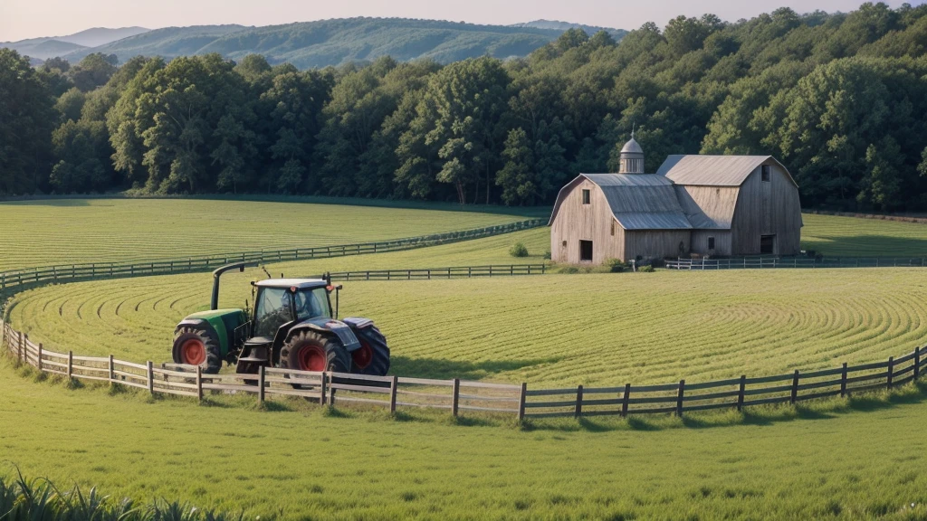 2d artistic representation of a farm, drawing of a farm, barn, tractor, gram