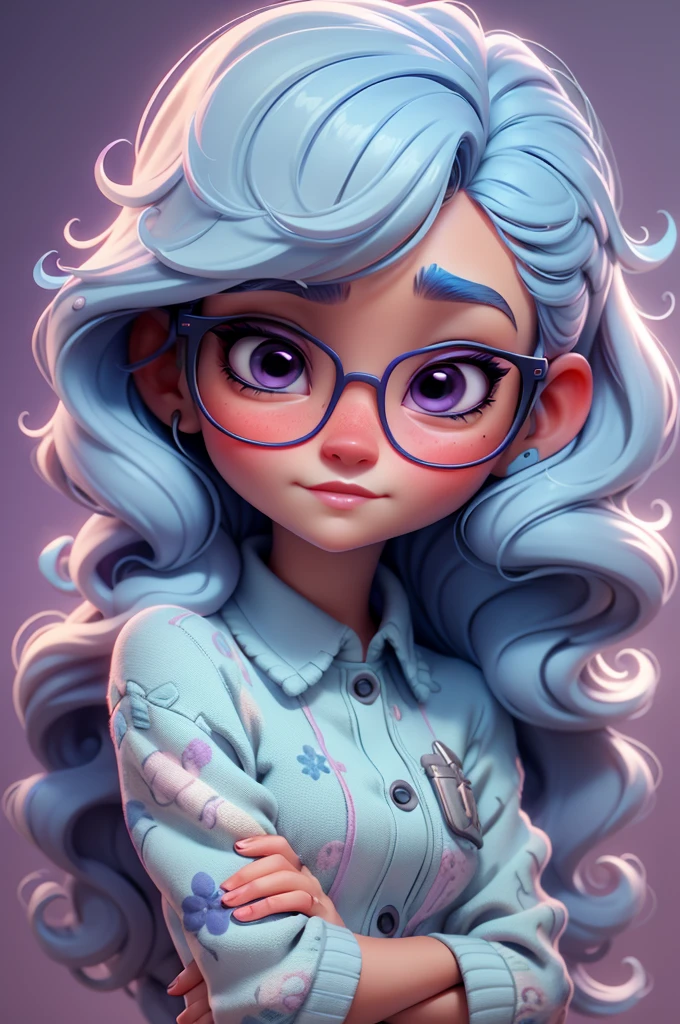 create an 3d illustration, model, exuberant, disney, woman sofisticaded, ver blue eyes, luxury, realistic,innocent, tear on face, wearing white sueter , nitid, pixar style, big eyelash, stylish, glasses, sad expression, using dark purple lipstick, straight short vivid very blue hair, look for the camera, white background, center photo, vivid color
