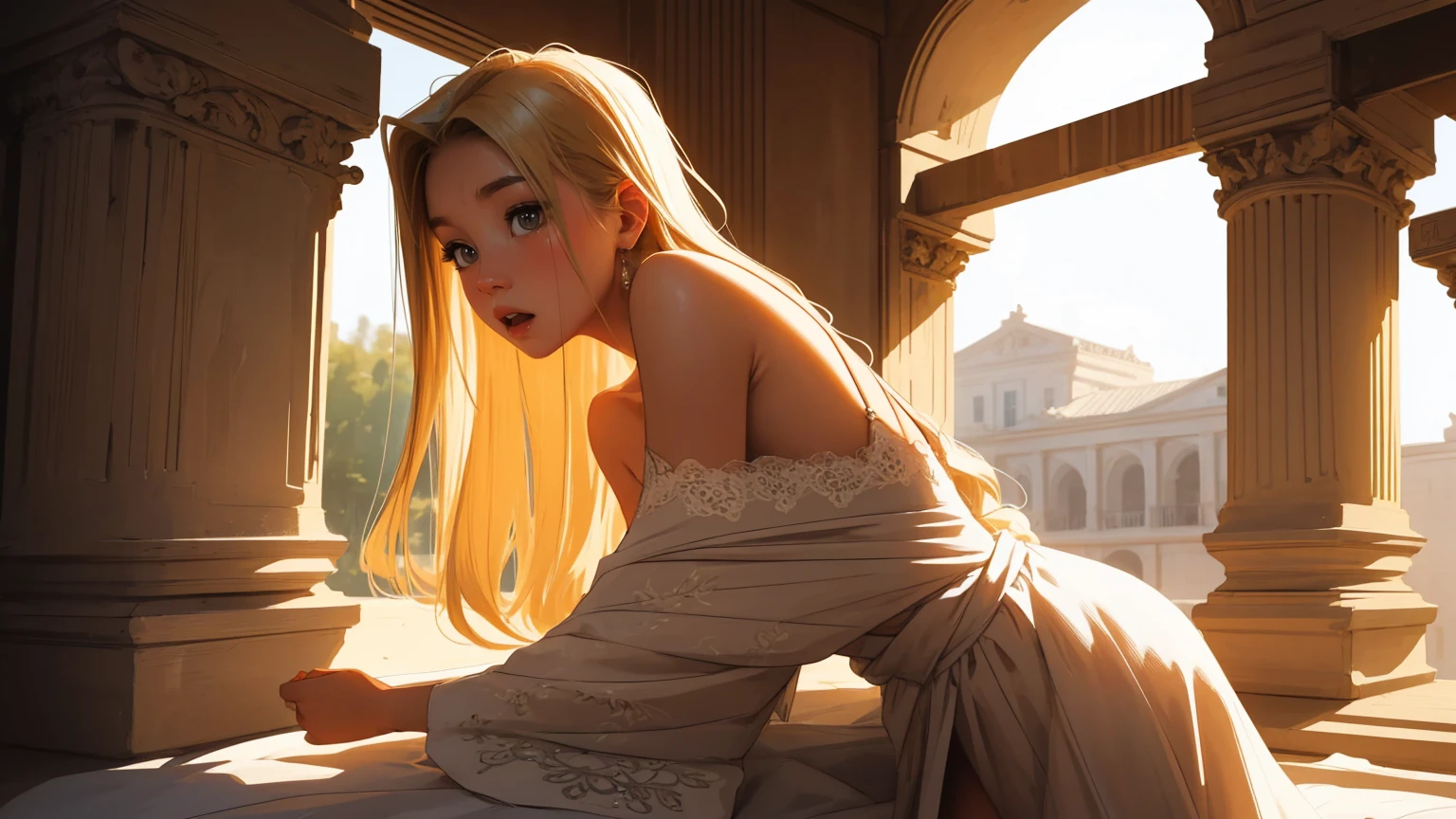 masterpiece, Best quality, 1 girl,photo, wearing tunic, white toga, Studio photography, (Best quality,4K,8 K,a high resolution,masterpiece:1.2), ultra detailed, (realistic,photorealistic,photo-realistic:1.37), portraits, HDR, Greek mythology, beautiful portrait of the goddess Venus, perfect DNA, detailed eyes, detailed lips, stunning beauty, flowing golden hair, nude, perfect body, perfect nude, graceful pose, charming look, bright colors, soft lighting.(Nsfv:1.4) ancient greek deity, looks directly into the camera lens, flowing hair cascades over her shoulders, off shoulder outfit, emphasizing her grace, bright colors, ancient temples and marble columns are softly blurred in the background, the evening Mediterranean light casts a warm glow on her porcelain skin., High-resolution image, digital painting, Spiritual peace, golden ratio composition, cowboy shot, brilliant, brilliant hair, (night:1.2),Dreamy, [[gentle fingers and hands:0.55]::0.85],(detailed fingers),),(emotional),(breathtaking),(main part:1.2) whole body.), (Anime Style), (Super Detailed), (brutal), (uhd, HDR), (8k), (High Resolution: 1.2), (Complex and Beautiful: 1.2)