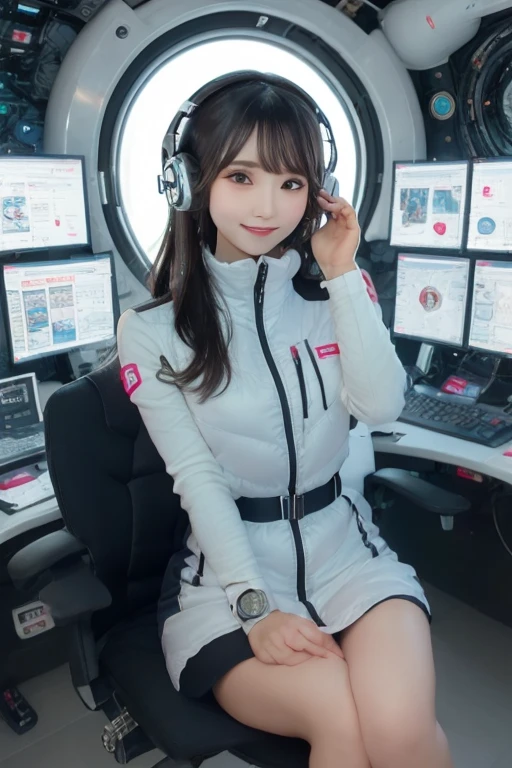 masterpiece, Highest quality, Very detailed, 8K Portrait,Japanese Android Girl,plump , Control panel,Robotic arms and legs, Blunt bangs,,break (Metallic Gray, Metallic luster, Mirror finish, Astro Best):5,headphone:5,break (Black sleeves):100,Smart Watches,Futuristic space station,Control Room,break headphone,blue eyes,(Black Hair):2,(Long Hair):1.3,Viewer Display,(respirator),break blush:3,Hidden Hand,smile