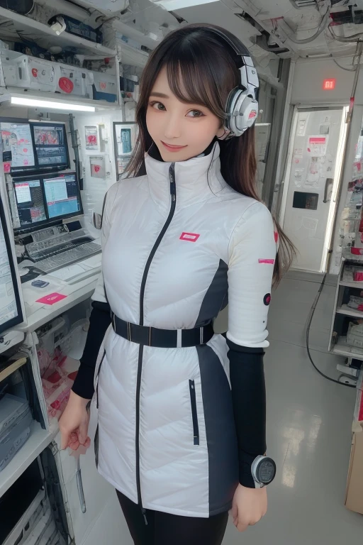 masterpiece, Highest quality, Very detailed, 8K Portrait,Japanese Android Girl,plump , Control panel,Robotic arms and legs, Blunt bangs,,break (Metallic Gray, Metallic luster, Mirror finish, Astro Best):5,headphone:5,break (Black sleeves):100,Smart Watches,Futuristic space station,Control Room,break headphone,blue eyes,(Black Hair):2,(Long Hair):1.3,Viewer Display,(respirator),break blush:3,Hidden Hand,smile