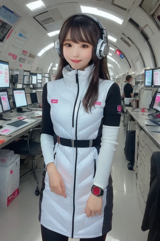 masterpiece, Highest quality, Very detailed, 8K Portrait,Japanese Android Girl,plump , Control panel,Robotic arms and legs, Blunt bangs,,break (Metallic Gray, Metallic luster, Mirror finish, Astro Best):5,headphone:5,break (Black sleeves):100,Smart Watches,Futuristic space station,Control Room,break headphone,blue eyes,(Black Hair):2,(Long Hair):1.3,Viewer Display,(respirator),break blush:3,Hidden Hand,smile