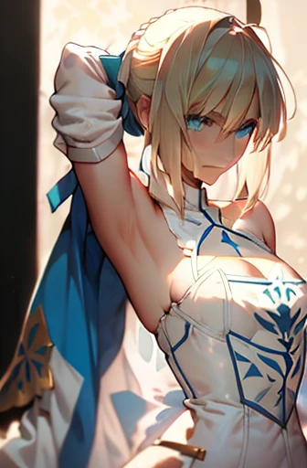 saber artoria pendragon (green-blue eyes:1.7), long blonde hair (small chest:1.2), raised arms BREAK collarbone, very short and low-cut blue apron, bare arms, bare shoulders, bare legs BREAK looking at viewer, BREAK indoors, BREAK (masterpiece:1.2), best quality, high resolution, unity 8k wallpaper, lying on bed with arms up (illustration:0.8), (beautiful detailed eyes:1.6), extremely detailed face, perfect lighting, extremely detailed CG, (perfect hands, perfect anatomy),