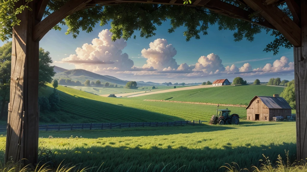 detailed 2d painting of a farm, barn, tractor in a field, rolling hills, lush green grass, blue cloudy sky, photorealistic, intricate details, warm lighting, vibrant colors, digital art, highly detailed, masterpiece