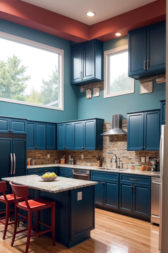 Create a bright kitchen from the front, patios in a dark blue tone and cabinets and island in a strong red tone, the view of the island