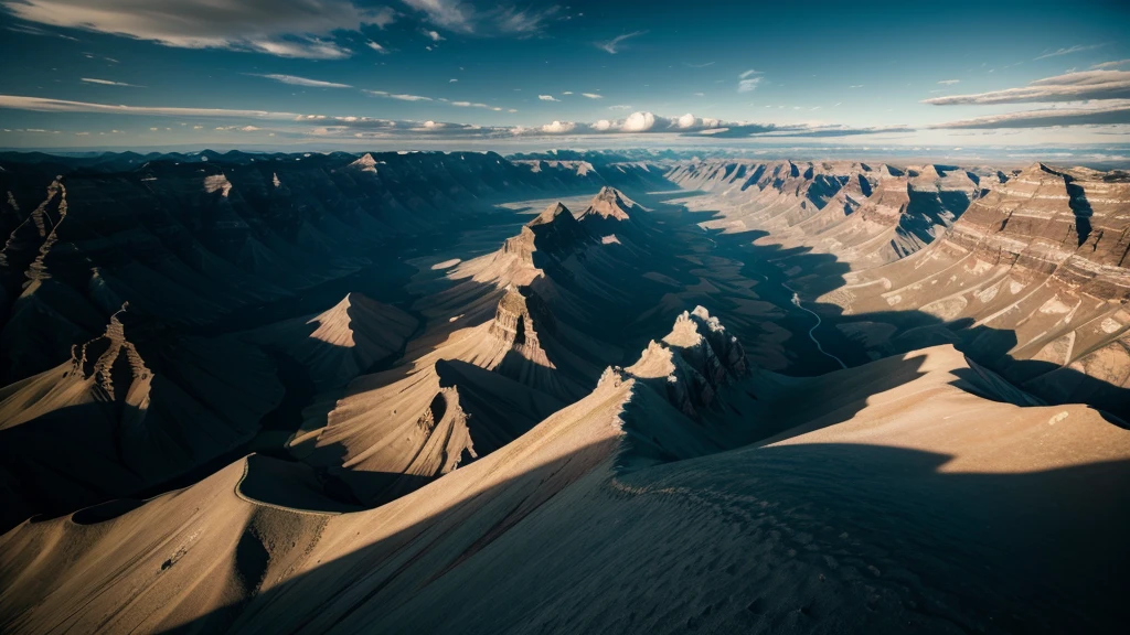 A dutch angle extreme wide shot of colossal rocky mountains with the sunrise casting dramatic light and shadows across the landscape, with a few clouds adding texture to the sky, shot with a GoPro HERO9 Black, wide angle lens, vivid colors