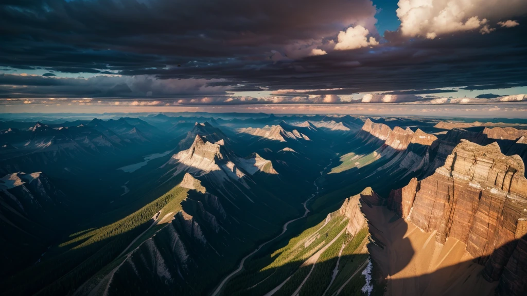 A dutch angle extreme wide shot of colossal rocky mountains with the sunrise casting dramatic light and shadows across the landscape, with a few clouds adding texture to the sky, shot with a GoPro HERO9 Black, wide angle lens, vivid colors