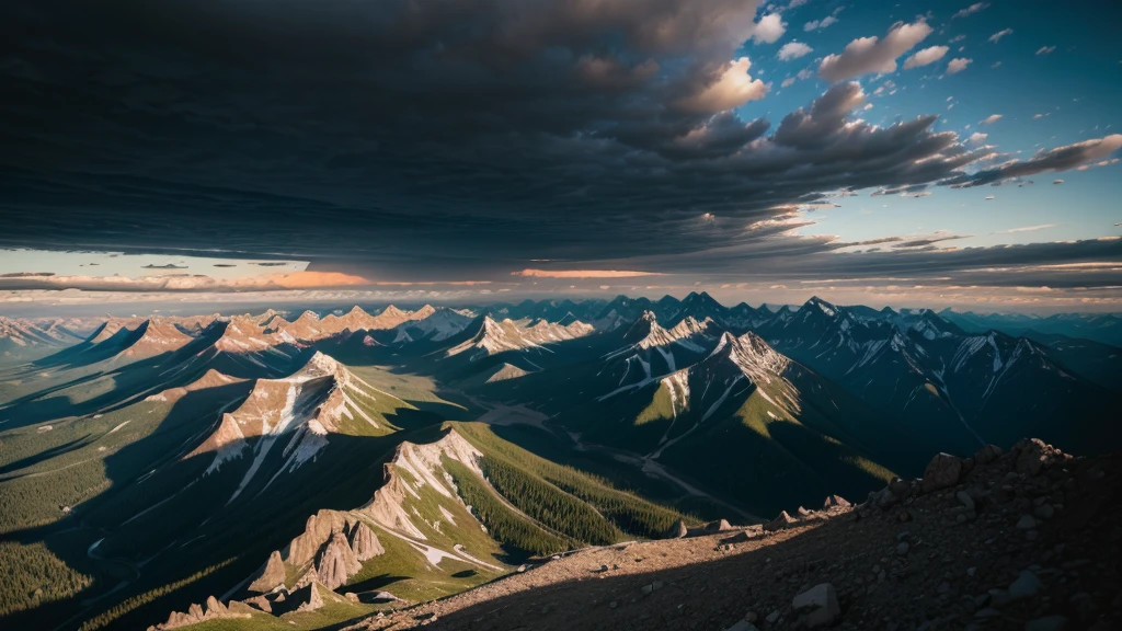 A dutch angle extreme wide shot of colossal rocky mountains with the sunrise casting dramatic light and shadows across the landscape, with a few clouds adding texture to the sky, shot with a GoPro HERO9 Black, wide angle lens, vivid colors