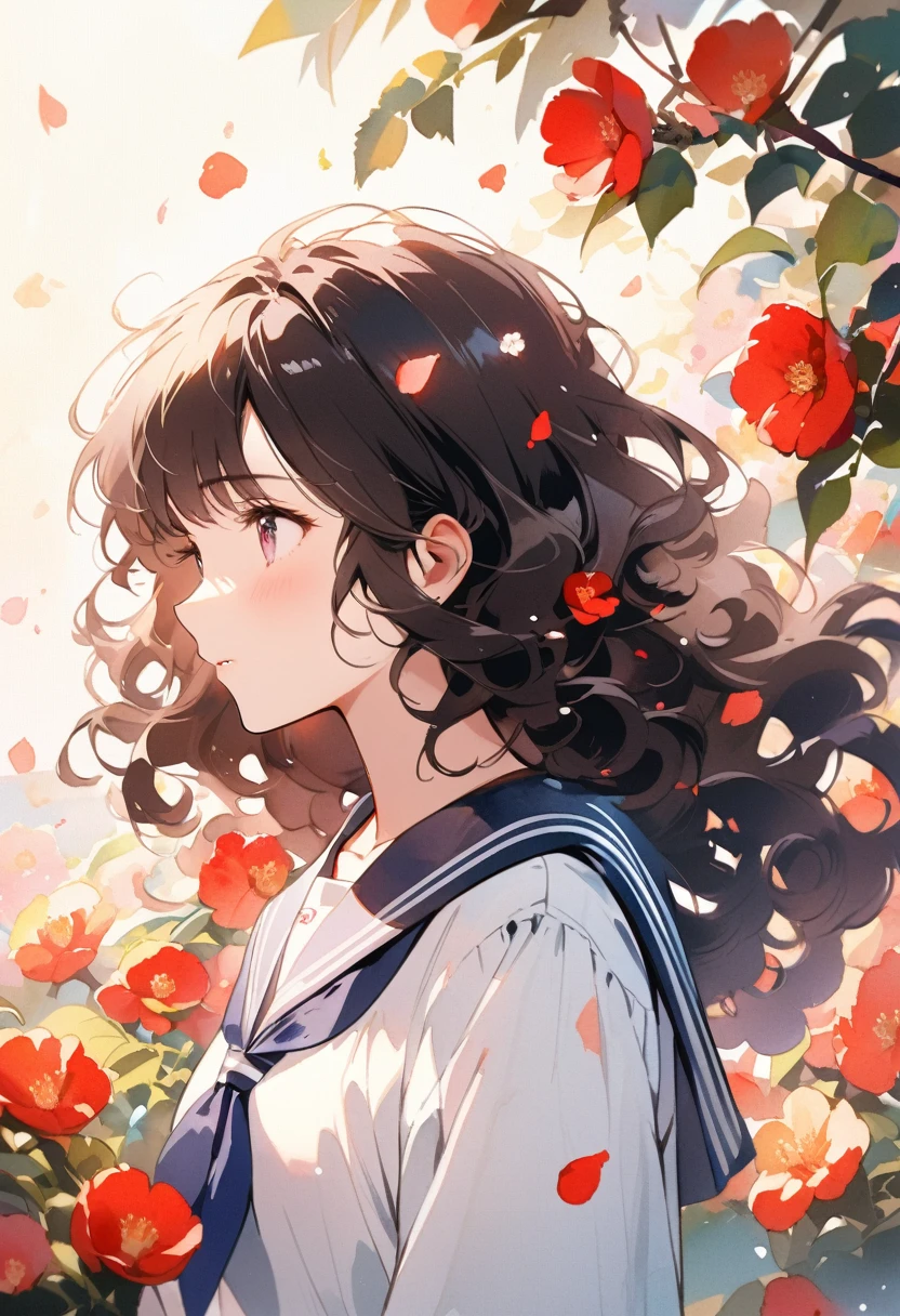 Sailor Suit、curly hair、long black hair、Sailor Suit、perfil、senora、flowers garden、Icon、soft lighting、close do rosto、photographic studio、hair on the wind、petal、curly hair、watercolor style、lots of flowers in the background、perfil、Red camellia flowers all over the background、neve