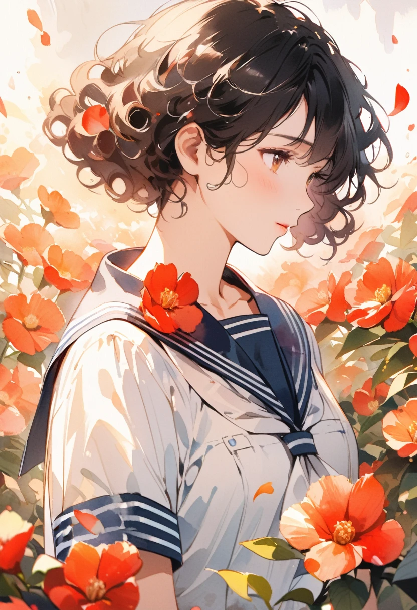 Sailor Suit、curly hair、long black hair、Sailor Suit、perfil、senora、flowers garden、Icon、soft lighting、close do rosto、photographic studio、hair on the wind、petal、curly hair、watercolor style、lots of flowers in the background、perfil、Red camellia flowers all over the background、neve