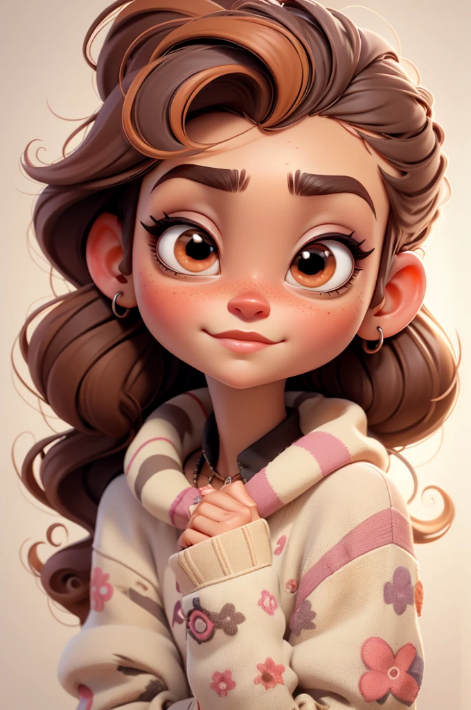 create an 3d illustration, model realistic, exuberant, big eyes, biting nails apprehensive expression, high ponytail hair vivid orange, spiky hair, neck pulover white with brown horizontal stripes,, woman sofisticaded, luxury, realistic, nitid, fushia brown lips, pixar style, stylish, look for the camera, white background, center photo
