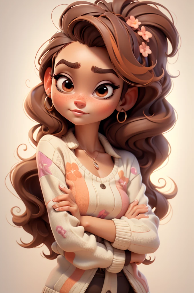 create an 3d illustration, model realistic, exuberant, big eyes, biting nails apprehensive expression, high ponytail hair vivid orange, spiky hair, neck pulover white with brown horizontal stripes,, woman sofisticaded, luxury, realistic, nitid, fushia brown lips, pixar style, stylish, look for the camera, white background, center photo