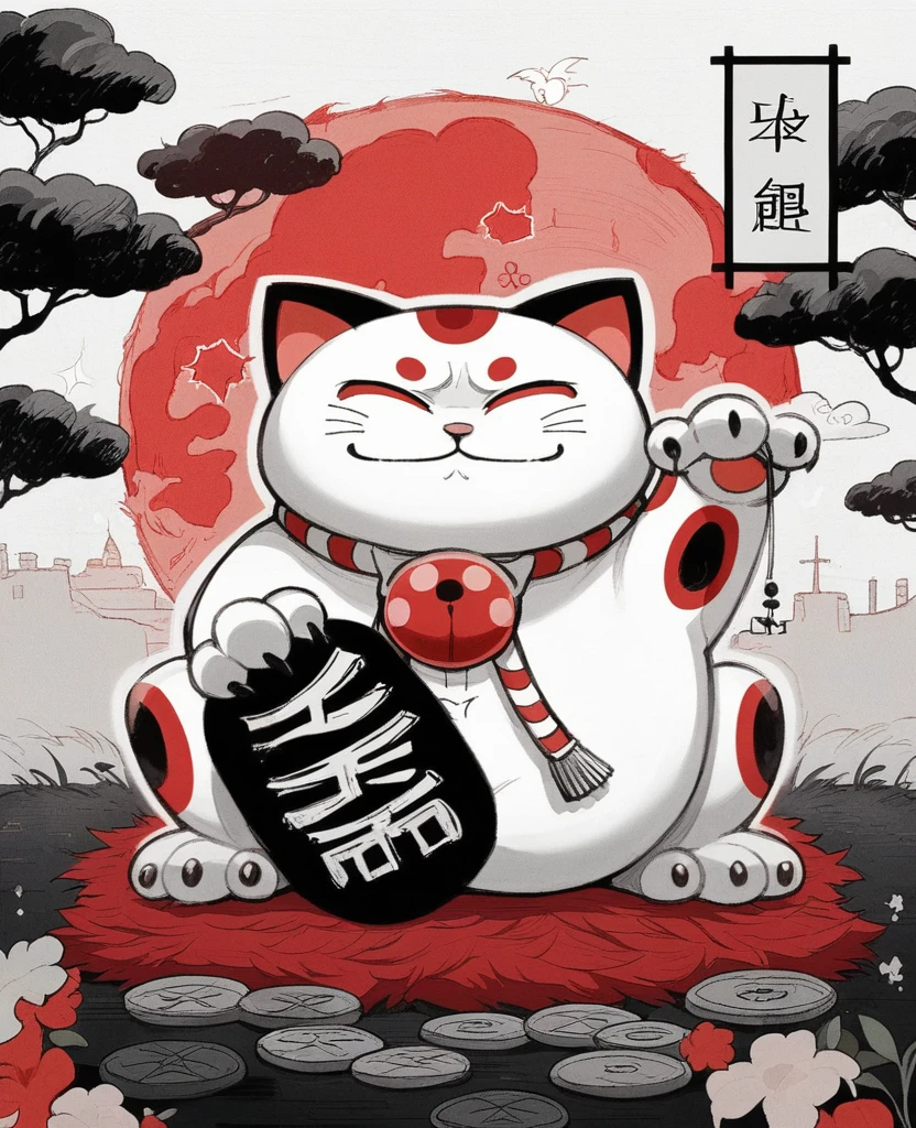 uma pintura de um gato sentado em uma pilha de moedas, Estilo de arte japonesa, anime cat, inspirado em Gatoken Shunshi, gato samurai, inspirado em Takeuchi Seiho, estilo de desenho animado japonês, inspirado em Hanabusa Itchō, inspirado em Kaigetsudo Anchi, inspirado em Kanō Masanobu