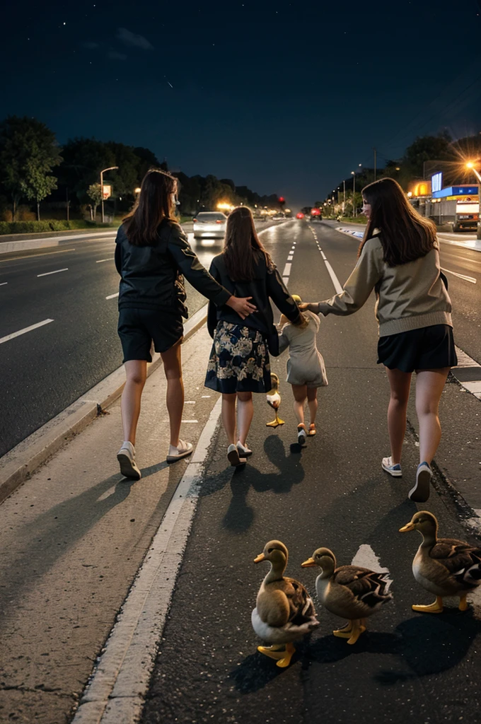 illustration of a family of ducks crossing a busy highway at night 