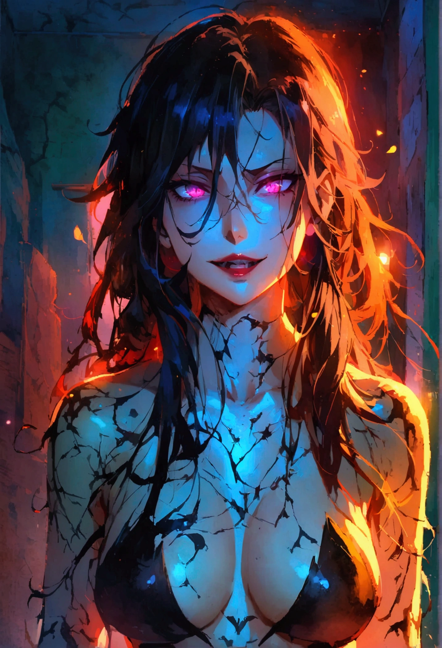 anime beautiful demon women, shark teeth, long hair, night, (standing in the dark room), eyes, wicked smile, detailes, 4k, room, full body, naked, sexy