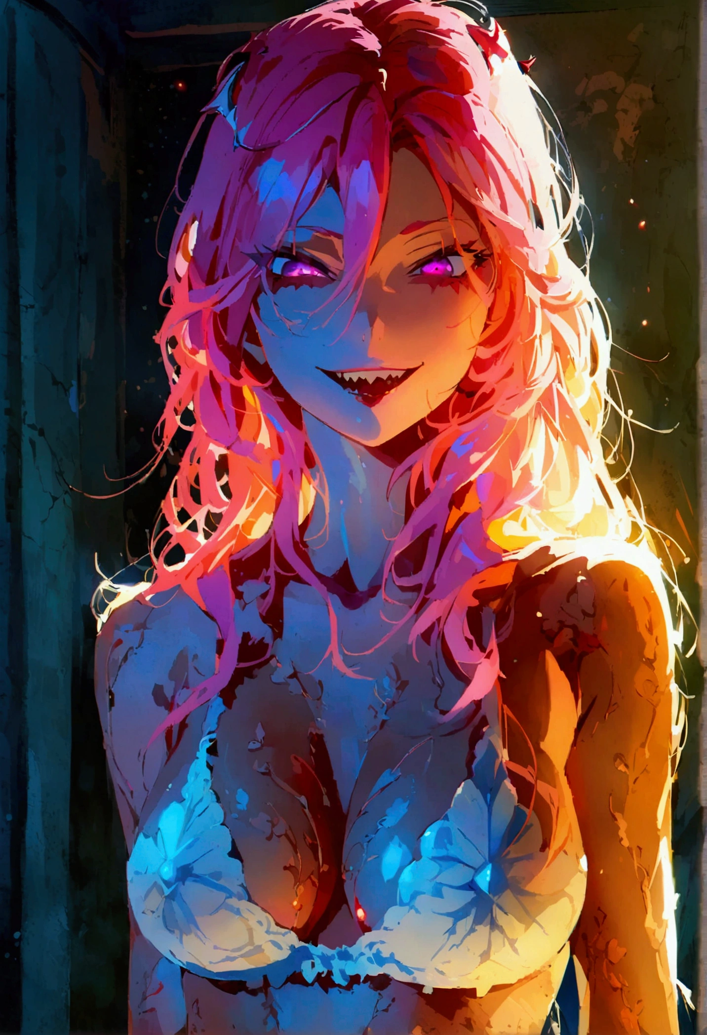 anime beautiful demon women, shark teeth, long hair, night, (standing in the dark room), eyes, wicked smile, detailes, HD, room, full body, naked, sexy, anime
