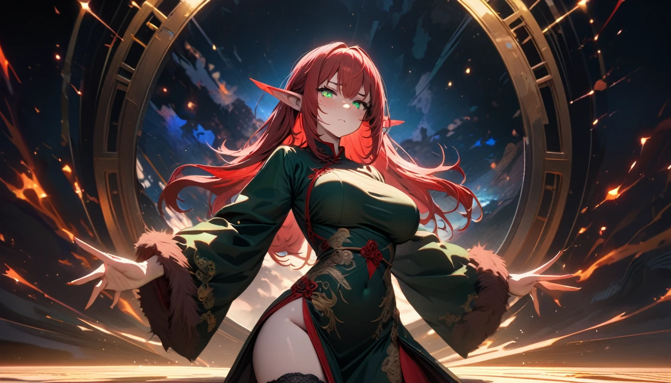 masterpiece, Best quality, 1 girl,photo, w(red-crimson hair) elf ears, freckles, adult woman, sculpted body, Super detailed hand, super detailed face, Hyper detailed body, (emerald green eyes), Big breasts, concentrated eyes, Quite detailed eyes, pale skin, Flushed face, (( in a long black Chinese dress)), Body hair longo, Body hair (connected), serious expression, Frowning eyes, partes do full body, Whole limbs, ((full body)), Gorgeous fur, a high resolution, 4K, The waist is thin, small foot, role model, best quality specialist, (long black sock), good lighting, simple background, darkness background, High-resolution image, digital painting, Spiritual peace, golden ratio composition, cowboy shot, brilliant, brilliant hair, (night:1.2),Dreamy, [[gentle fingers and hands:0.55]::0.85],(detailed fingers),),(emotional),(breathtaking),(main part:1.2) whole body.), (Anime Style), (Super Detailed), (brutal), (uhd, HDR), (8k), (High Resolution: 1.2), (Complex and Beautiful: 1.2)