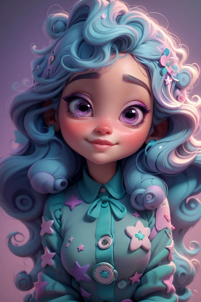 create an 3d illustration, model realistic, exuberant, big white stars bright eyes, expression of admiration, curly hair vivid teal green, lavender hair clip, purple pulover with white dots,, woman sofisticaded, luxury, realistic, nitid, fushia pink lips, pixar style, stylish, look for the camera, white background, center photo