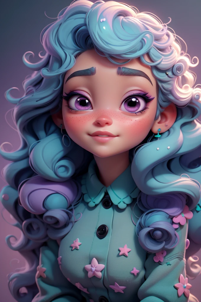 create an 3d illustration, model realistic, exuberant, big white stars bright eyes, expression of admiration, curly hair vivid teal green, lavender hair clip, purple pulover with white dots,, woman sofisticaded, luxury, realistic, nitid, fushia pink lips, pixar style, stylish, look for the camera, white background, center photo