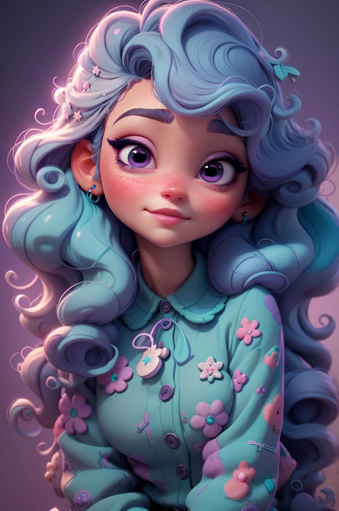 create an 3d illustration, model realistic, exuberant, big white stars bright eyes, expression of admiration, curly hair vivid teal green, lavender hair clip, purple pulover with white dots,, woman sofisticaded, luxury, realistic, nitid, fushia pink lips, pixar style, stylish, look for the camera, white background, center photo
