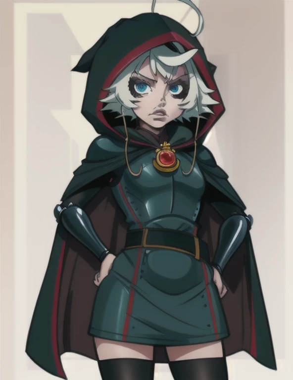 1girl, disdain, angry, hair over one eye, armored dress, (armor), breastplate, gauntlets, hooded cloak, red hood, fingerless gloves, hands on hips, thighhighs, short dress, white hair, green eyes, short hair, lips, (pointy ears:0.8), cleric, facing viewer, cowboy shot, 2d, (anime), detailed, illustration, intricate