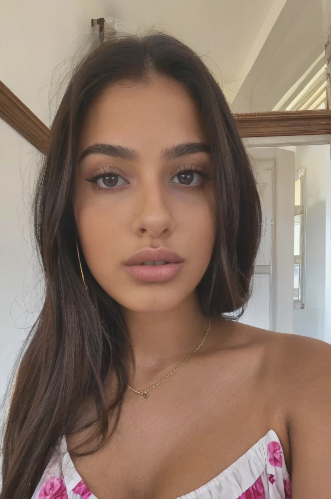 ((best qualityer)), ((work of art)), (detailded), face perfect ((middle-age)) ((22 years old)) brunette with long dark brown hair Spanish Latin features, with big, dark brown eyes, posing for a selfie wearing a floral sundress a close-up of a woman in a white dress posing for a photo, violet myers, beautiful latin face, half pink, Retrato de Sophie Mudd, 22 years old de idade, neckleace, jaw dropping beauty, instagram model, jaw dropping beauty, portrait half pink, 22 years old de idade, with beautiful exotic, 22 years old de idade, beautiful woman 