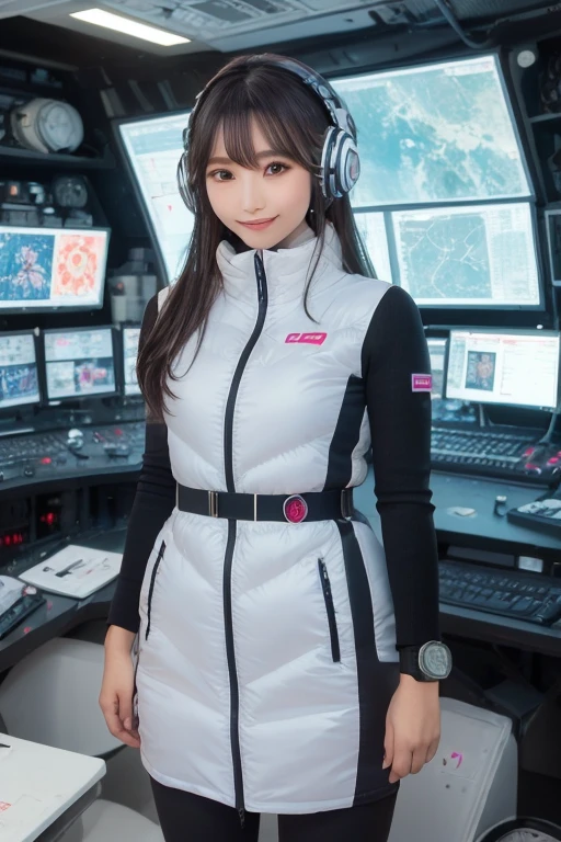 masterpiece, Highest quality, Very detailed, 8K Portrait,Japanese Android Girl,plump , Control panel,Robotic arms and legs, Blunt bangs,,break (Metallic Gray, Metallic luster, Mirror finish, Astro Best):5,headphone:5,break (Black sleeves):100,Smart Watches,Futuristic space station,Control Room,break headphone,blue eyes,(Black Hair):2,(Long Hair):1.3,Viewer Display,(respirator),break blush:3,Hidden Hand,smile