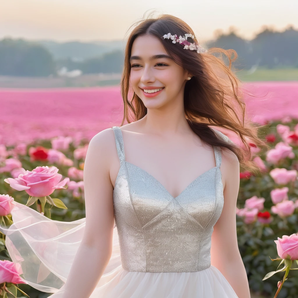 perspective, panorama, perspective, depth of field, bust, upper body, cinematic angle, masterpiece, Best quality, Ultra detailed, computer graphics, 8k wallpaper, Beautiful face, tender eyes, countries, One, smile, silver hair, Golden eyes, bright skin, Strands of hair, red scarf, White evening dress, Pink Field, Red flowers, roses, flower field, petals, Flying petals, smiling, full length, in pantyhose