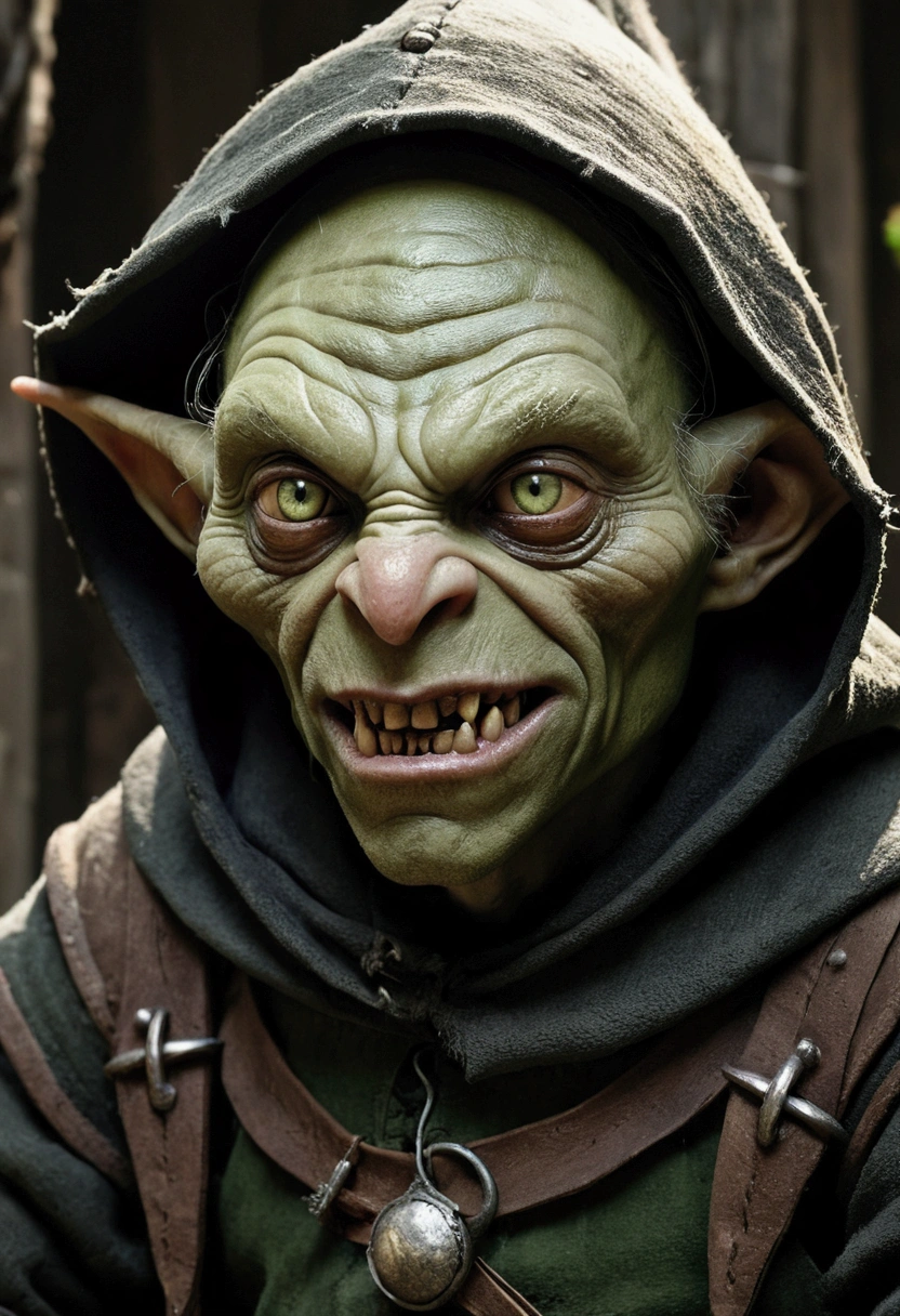 a smooth muddy greyish green-skinned, sharp-toothed visible sharp tooth, roguish dressed, (roguish clothes, medieval clothes) with a black hood-up goblin sits in the shadows. The details of the goblin's black hood are visible, showing its worn nature. the clothes are worn and grey black coloured. The green skin of the goblin is muted greyish, emphasizing its worn appearance. the goblin is young, about 20 years old, has visible sharp teeth with a gring, the skin is muted green, (nice face, normal green nose, face of a magic adept, goblin face). The lighting in the scene is dim, with a subtle glow casting eerie shadows on the goblin's face and surroundings. The overall image quality is of the highest standard, with ultra-detailed textures and a photorealistic rendering. The artwork is depicted in a medium that best showcases its unique style and texture, whether it be an illustration, oil painting, 3D rendering, or photography. The color palette is dominated by earthy tones, with a focus on various shades of green to complement the goblin's appearance.