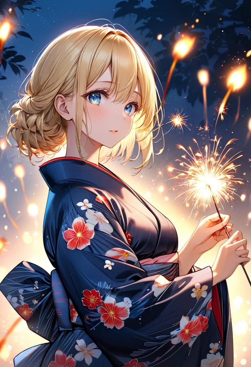 concept is summer night,A blonde short woman in a yukata is picking one sparkler downward,Please draw one beautiful flames and spark of sparkler in detail.(((masterpiece))), (((best quality))), ((ultra-detailed)), (illustration), (detailed light),((an extremely delicate and beautiful)),(beautiful detailed eyes),