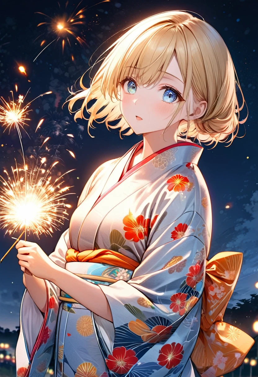 concept is summer night,A blonde short woman in a yukata is picking one sparkler downward,Please draw one beautiful flames and spark of sparkler in detail.(((masterpiece))), (((best quality))), ((ultra-detailed)), (illustration), (detailed light),((an extremely delicate and beautiful)),(beautiful detailed eyes),