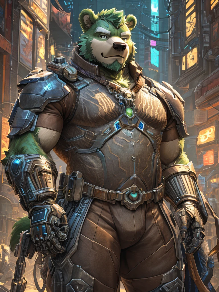 anthro, kemono, male, solo, (((green bear))), (((green fur))), green hair, beard, white eyebrows, cover page, highres, top quality, best quality, paid reward available, unparalleled masterpiece, perfect artwork, absurdres, High-quality illustrations by Johannes Vermeer, Dark_Fantasy, Cyberpunk, steam punk(super handsome boy, single, kemono)Mechanical marvel, Robotic presence, Cybernetic guardian, wearing a worn-out mech suit, intricate(steel metal, rusty)(furry anthro:1.7)(Furry body, dog facial features, dog body features)elegant, clear focus, shot by greg rutkowski, soft lighting, vibrant colors, masterpiece((street))cowboy shot, dynamic angle,