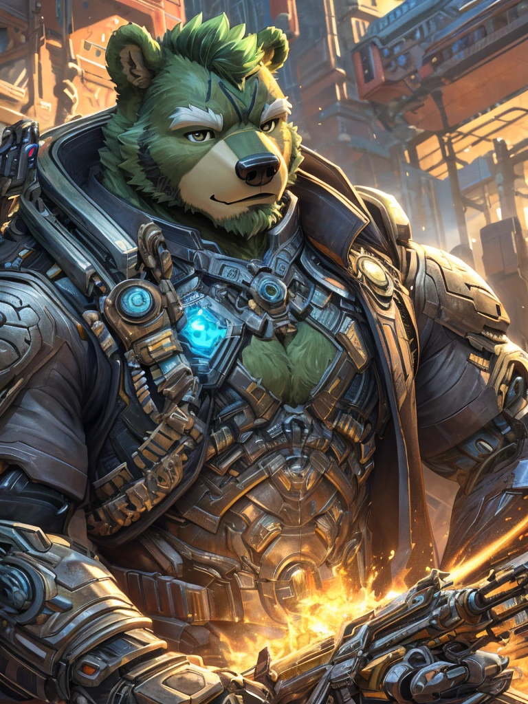 anthro, kemono, male, solo,  (((green bear))), (((green fur))), green hair, beard, white eyebrows, cover page, highres, top quality, best quality, paid reward available, unparalleled masterpiece, perfect artwork, absurdres, High-quality illustrations by Johannes Vermeer, Dark_Fantasy, Cyberpunk, steam punk(super handsome boy, single, kemono)Mechanical marvel, Robotic presence, Cybernetic guardian, wearing a worn-out mech suit, intricate(steel metal, rusty)(furry anthro:1.7)(Furry body, dog facial features, dog body features)elegant, clear focus, shot by greg rutkowski, soft lighting, vibrant colors, masterpiece((street))cowboy shot, dynamic angle,