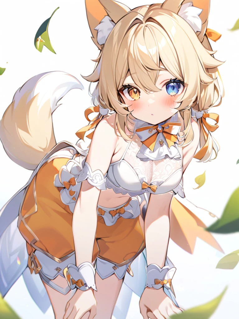 1girl, animal ears, bangs, bare shoulders, blonde hair, blush, bow, breasts, white cleavage, cropped torso, , blue eyes, hair ribbon, heterochromia,  stlooking at viewer, , orange bow, orange eyes, orange ribbon, ears like an unearthly animal, fluffy tail, light tail, real tail, ribbon, solo, stuffed animal, stuffed bunny, stuffed toy, twintails, upper body, full-length, white legbands, white shoes with lace and white bows, white background, wrist cuffs, yellow eyes, bloomers, close-up, fair skin frills, lace, midriff, skirt, solo, , white background,shorts, white top with ribbon and lace and trousers,trousers, genshin,white slippers with a bow,All clothes are white, laceAt full height, it stands,  at the face, pushing the leaves apart, the sun in the eyes