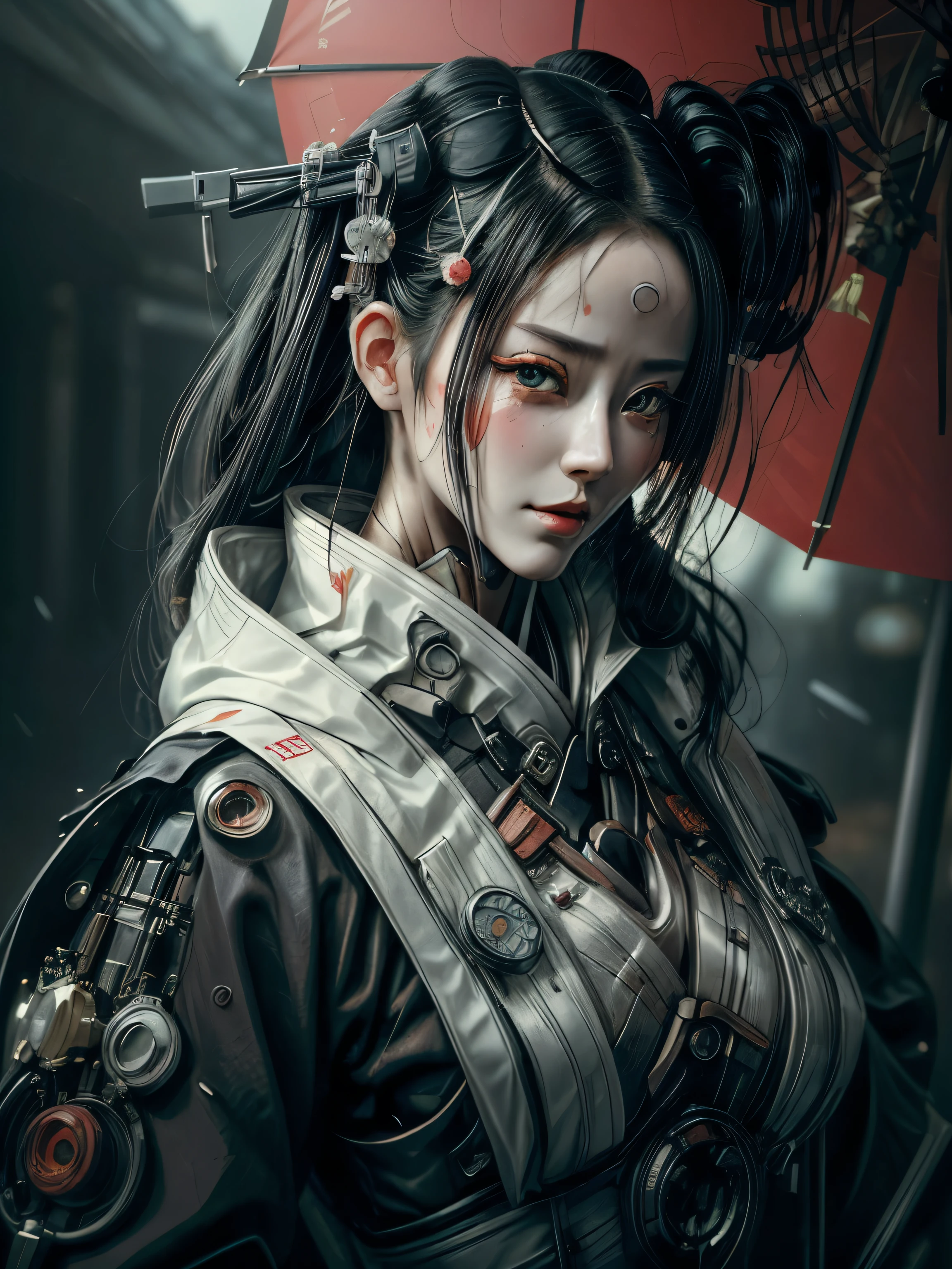 Science fiction, realistic photo, face close up, 1 mechanical girl, mechanical parts, mechanical face, Very detailed face, mechanical eye, Some of the elements of the skin are mechanical., cyber, puppet, geisha androide, wearing traditional Japanese clothing and an umbrella, elegant mix of japanese woman and mechanical robot, japanese geisha androide, traditional geisha clothing, geisha mechanical beauty, geisha hairstyle, Portrait of a mechanical geisha., mechanical parts, mechanical face, mechanical hands, visible mechanical element (mechanical body,mechanical arms :1.4), face close-up shot depth of field, film grain, raw photo