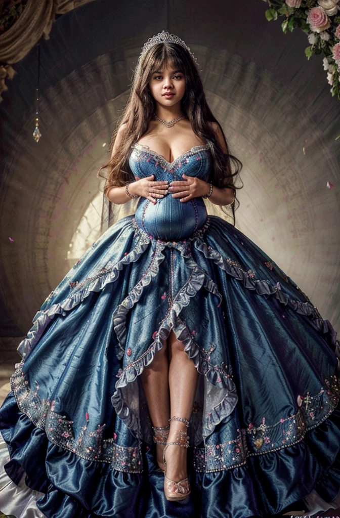 (masterpiece, best quality,extremely detailed:1.1),(Selena Gomez:1.2),1girl,((full body,focus face)),((solo)), cute, kawaii,digital art,((1 bling-bling pregnant princess wearing beautiful embroidery and jeweled gorgeous princess rococo ballgown with voluminous full length hoop skirt)),(((heavily pregnant,very big pregnant belly))),((crinoline)),long train,voluminous frills,(gorgeous embroidery and beautiful lace),((very gigantic ,skindentation)),cleavage,shiny hair,(((very long straight hair,large amount of straight hair))),((embarrassed)),anguish,((finely detailed face and eyes)),clear pupil,extremely gorgeousfull hair ornament,(bling-bling jeweled extremely gorgeousfull tiara),(bling-bling gorgeous gemstone jewelry),long veil,beautiful background,fantasy background,flowers,flower petals flowing,full body,((beautiful embroidery and jeweled ruffled gorgeous princess rococo ballgown with voluminous full length hoop skirt))