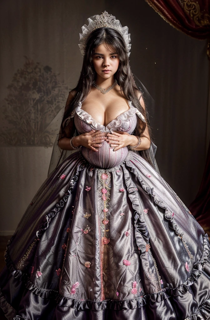 (masterpiece, best quality,extremely detailed:1.1),(Selena Gomez:1.2),1girl,((full body,focus face)),((solo)), cute, kawaii,digital art,((1 bling-bling pregnant princess wearing beautiful embroidery and jeweled gorgeous princess rococo ballgown with voluminous full length hoop skirt)),(((heavily pregnant,very big pregnant belly))),((crinoline)),long train,voluminous frills,(gorgeous embroidery and beautiful lace),((very gigantic ,skindentation)),cleavage,shiny hair,(((very long straight hair,large amount of straight hair))),((embarrassed)),anguish,((finely detailed face and eyes)),clear pupil,extremely gorgeousfull hair ornament,(bling-bling jeweled extremely gorgeousfull tiara),(bling-bling gorgeous gemstone jewelry),long veil,beautiful background,fantasy background,flowers,flower petals flowing,full body,((beautiful embroidery and jeweled ruffled gorgeous princess rococo ballgown with voluminous full length hoop skirt))