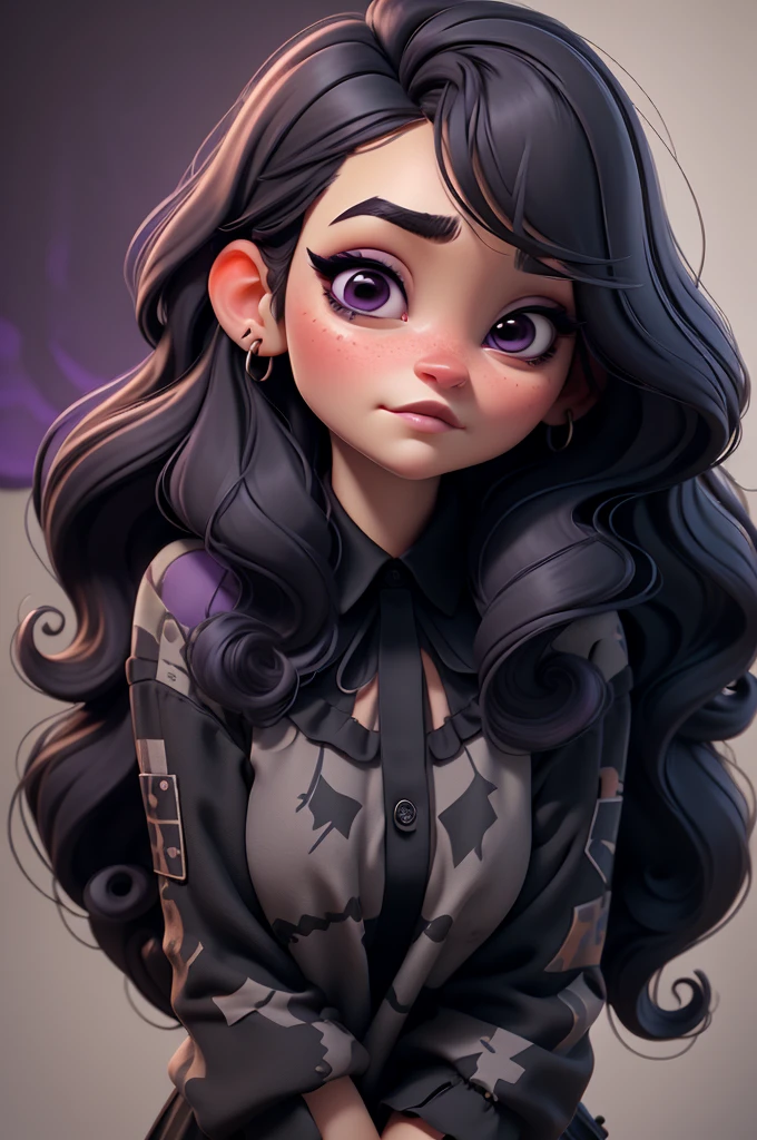 create an 3d illustration, model realistic, exuberant,boredom expression, emo, wearing black long basic sleeve blouse, woman sofisticaded, straight long dark purple hair with bangs, tired out, droopy pupils and dark circles, luxury, realistic, nitid, black lips, pixar style, stylish, look for the camera, white background, center photo
