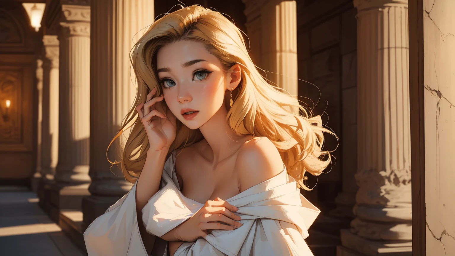 masterpiece, Best quality, 1 girl,photo, wearing tunic, white toga, Studio photography, (Best quality,4K,8 K,a high resolution,masterpiece:1.2), ultra detailed, (realistic,photorealistic,photo-realistic:1.37), portraits, HDR, Greek mythology, beautiful portrait of the goddess Venus, perfect DNA, detailed eyes, detailed lips, stunning beauty, flowing golden hair, nude, perfect body, perfect nude, graceful pose, charming look, bright colors, soft lighting.(Nsfv:1.4) ancient greek deity, looks directly into the camera lens, flowing hair cascades over her shoulders, off shoulder outfit, emphasizing her grace, bright colors, ancient temples and marble columns are softly blurred in the background, the evening Mediterranean light casts a warm glow on her porcelain skin., High-resolution image, digital painting, Spiritual peace, golden ratio composition, cowboy shot, brilliant, brilliant hair, (night:1.2),Dreamy, [[gentle fingers and hands:0.55]::0.85],(detailed fingers),),(emotional),(breathtaking),(main part:1.2) whole body.), (Anime Style), (Super Detailed), (brutal), (uhd, HDR), (8k), (High Resolution: 1.2), (Complex and Beautiful: 1.2)
