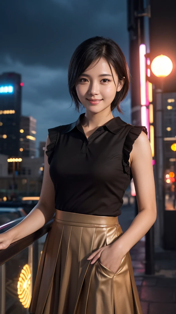 (RAW Photos, 最high quality), (Realistic, photoRealistic: 1.2), (Round face: 1), 1 girl, Outdoor selfie, (Skin with attention to detail: 1.2), (Puffy eyes), (Lying Silkworm), smile, clavicle, water, Straight brown black hair, Pure black pleated skirt, Soft lighting, high quality, Cityscape, Skyline, night, rain, Wet, Professional Lighting, Photon Mapping, Radio City, Physically Based Rendering,