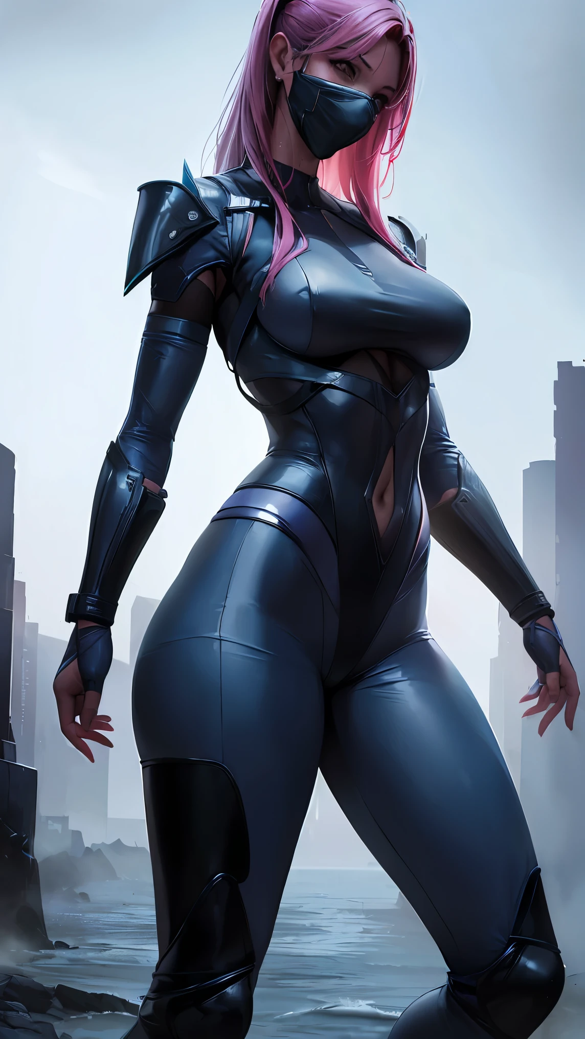 ((Ultra resolution image)), ((HDR MORE)), ((ultra realistic modeling)), high resolution, ((8K)), tall woman, 18-years old, wet pink lips, medium breasts, medium hips , thick-thighs , base ( Sonia Blade Mortal Kombat ), cyberpunk clothing, Neon Blue Mask , wasteland , sweaty skin