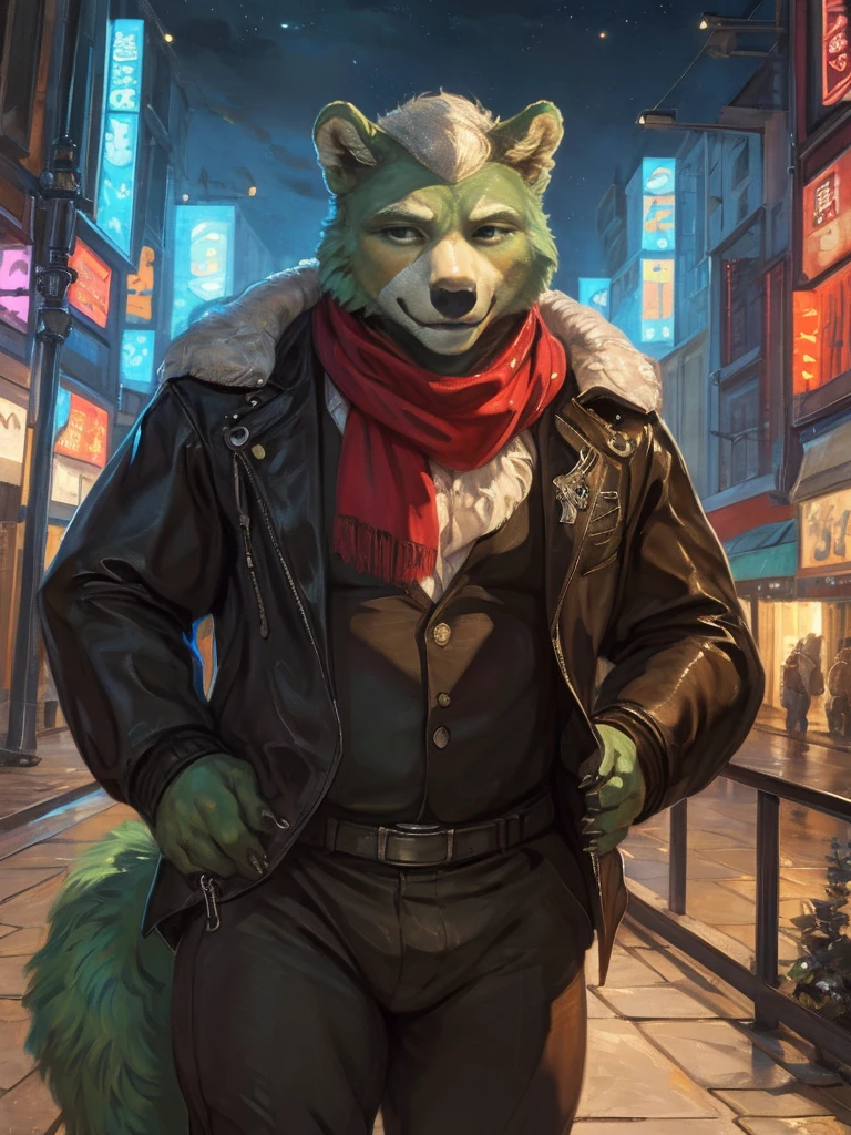 anthro, kemono, male, solo,  (((green bear))), (((green fur))), green hair, beard, white eyebrows, (by oouna, by honovy, by personalami, by clockhands) male, fox, solo, wearing jacket, green eyes, fox mccloud, wearing jacket, pants, scarf, fancy, black shirt, night, city, tokyo, street, akihabara, neon lights