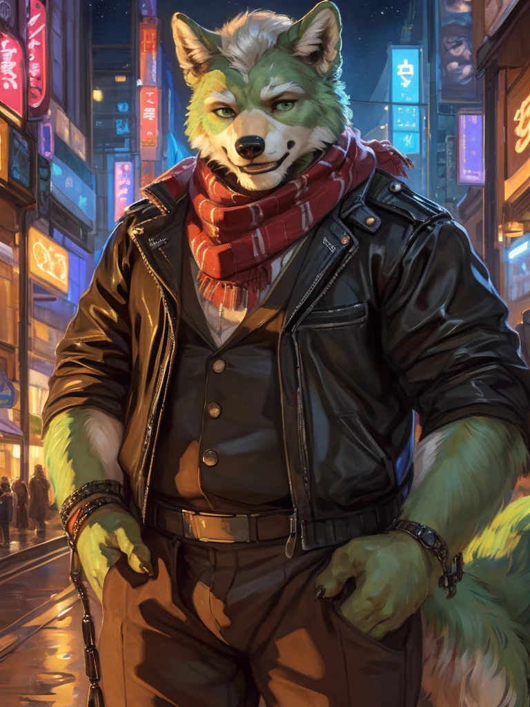 anthro, kemono, male, solo, (((green bear))), (((green fur))), green hair, beard, white eyebrows, (by oouna, by honovy, by personalami, by clockhands) male, fox, solo, wearing jacket, green eyes, fox mccloud, wearing jacket, pants, scarf, fancy, black shirt, night, city, tokyo, street, akihabara, neon lights