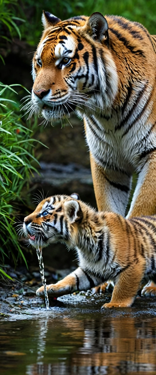 Realistic photo, a Siberian tiger, drinking water from a stream, next to its cub 