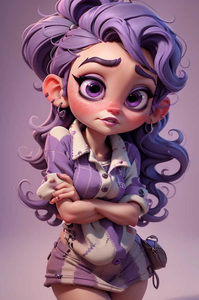 create an 3d illustration, model realistic, exuberant, fear expression, scared hands simulating fear, woman sofisticaded,ponytail purple hair, plaid black and white pulover, luxury, realistic, big eyes, nitid, purple lips, pixar style, stylish, look for the camera, white background, center photo
