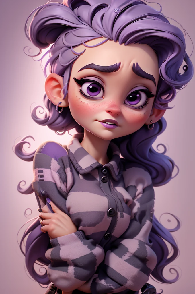 create an 3d illustration, model realistic, exuberant, fear expression, scared hands simulating fear, woman sofisticaded,ponytail purple hair, plaid black and white pulover, luxury, realistic, big eyes, nitid, purple lips, pixar style, stylish, look for the camera, white background, center photo
