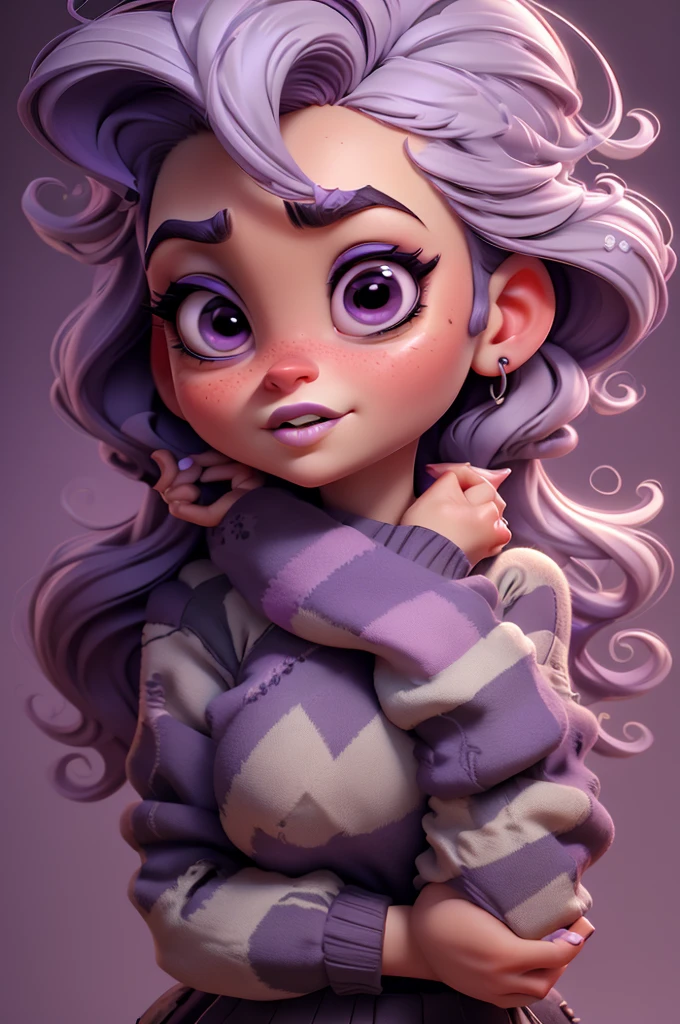 create an 3d illustration, model realistic, exuberant, fear expression, scared hands simulating fear, woman sofisticaded,ponytail purple hair, plaid black and white pulover, luxury, realistic, big eyes, nitid, purple lips, pixar style, stylish, look for the camera, white background, center photo
